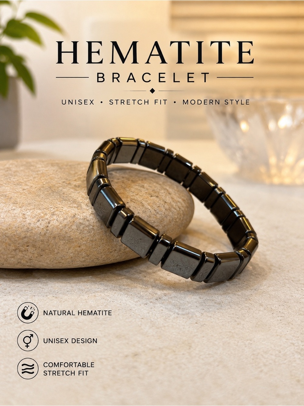 Hematite Rectangle Bead Women’s Bracelet | Stretch Bracelet | Gunmetal Gray